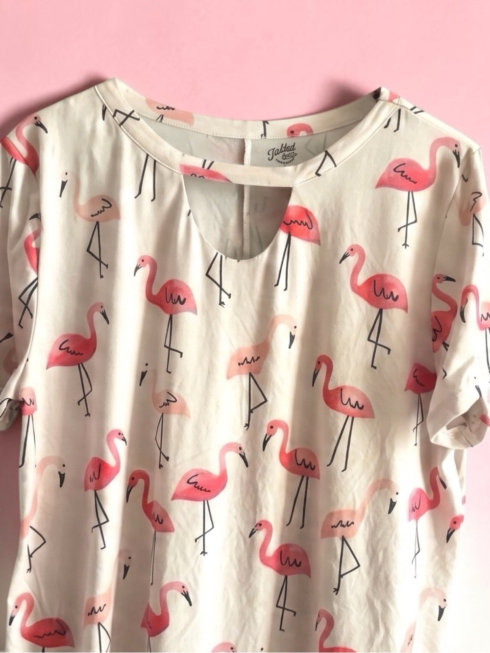 Tickled Teal Pink Flamingo Print Keyhole Short Sleeve Top Tee T Shirt Resortwear